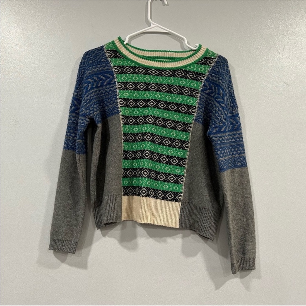 J. Crew The Reeds Fair Isle Crewneck Wool Blend Colorblock Blue/Green/Gray XXS